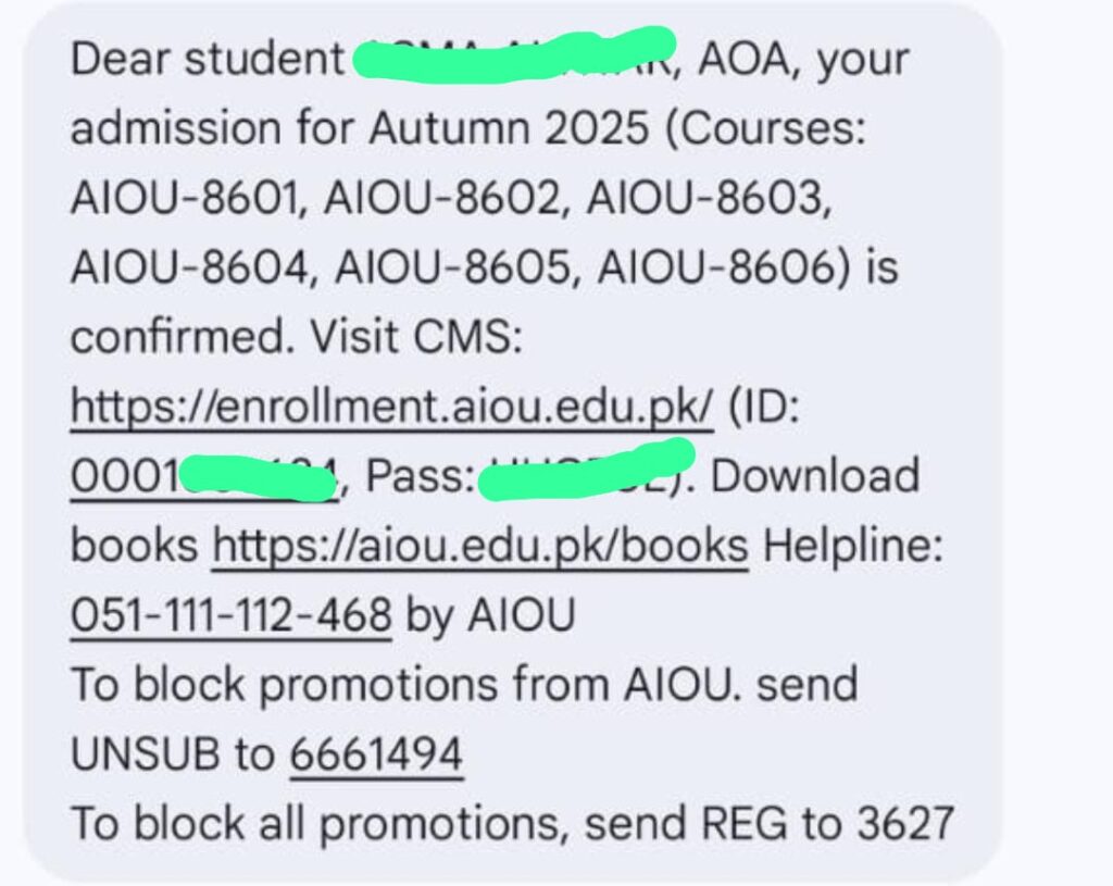 Allama Iqbal Open University AIOU Admission Confirmation SMS and Email