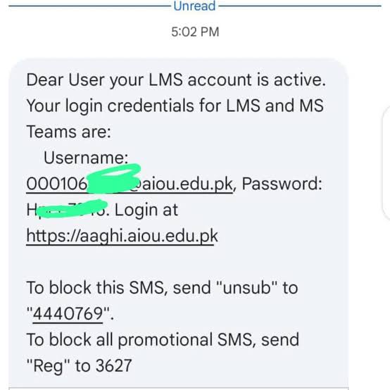 Allama Iqbal Open University AIOU LMS Portal USERNAME And password message and email